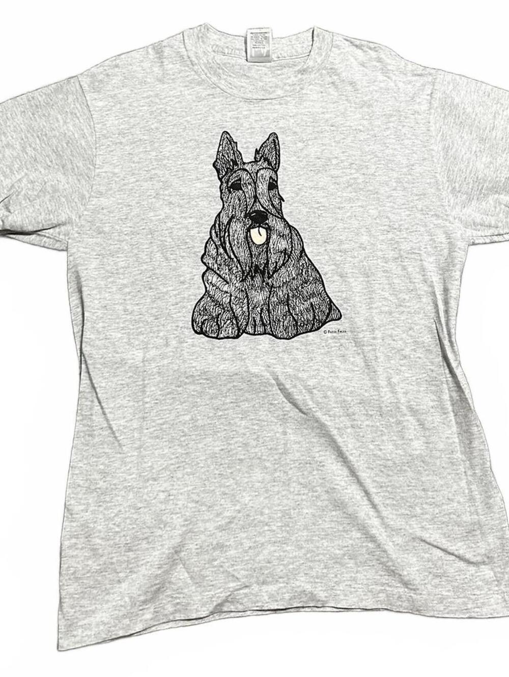 90s Vintage Scottie Dog Graphic Tee with Red Plaid Details Size L